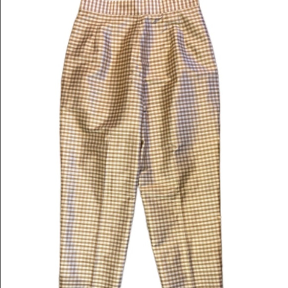 100% Silk Liz Claiborne Tan & White Gingham Cropped Pants - Picture 2 of 12